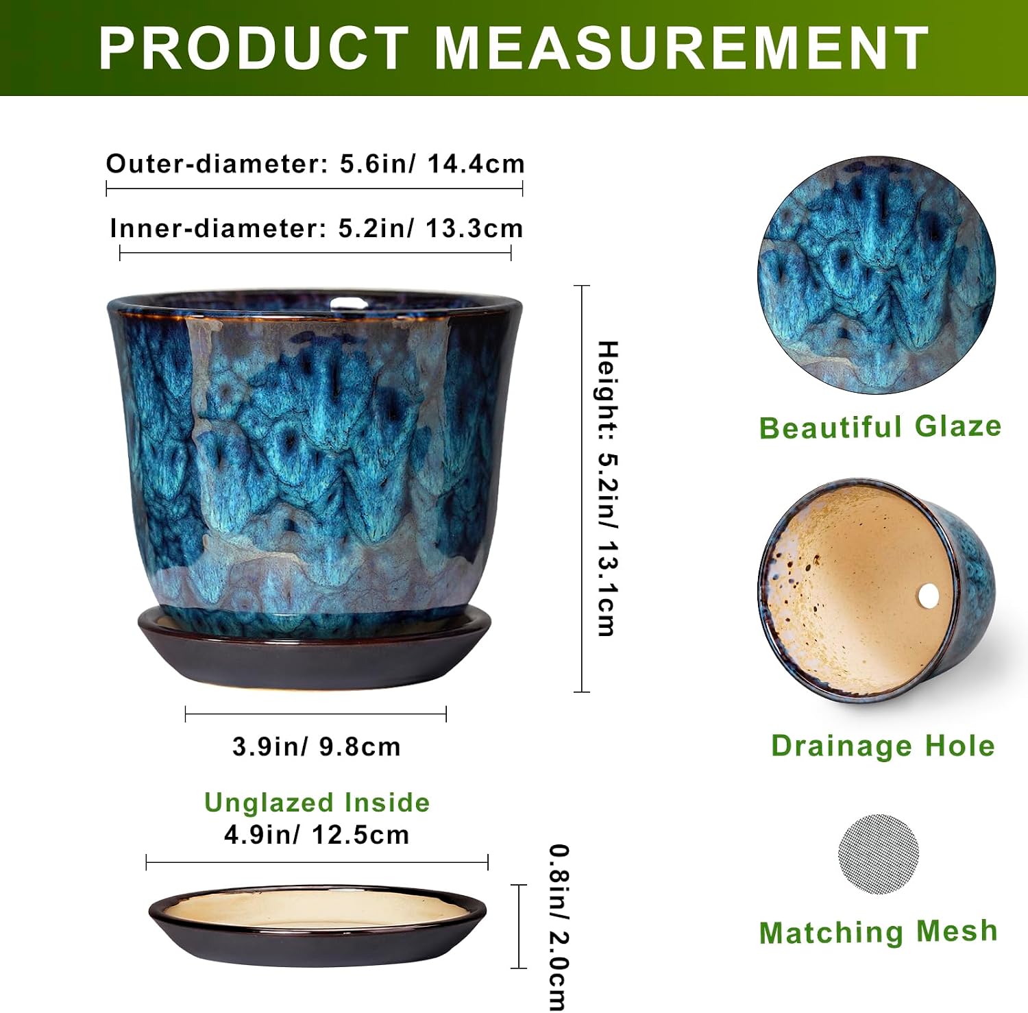 5.6 Inch Plant Pot - Ceramic Pots for Plants with Drainage Hole and Saucer, Round Succulent Flower Orchid Pot for