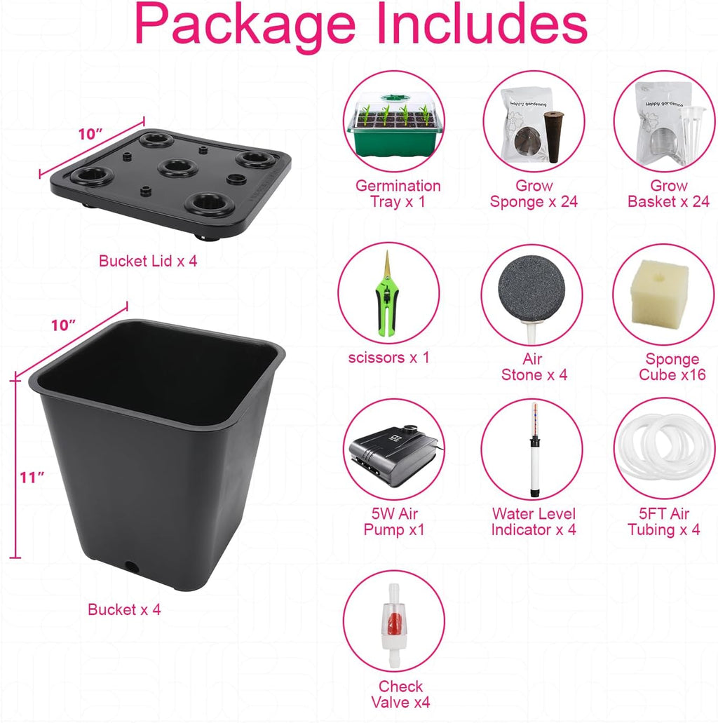 4 Hydroponic Buckets Kit for Plants, Hydroponics Growing System for Herbs/Tomato/Vegetables, DWC System with Air Pump &
