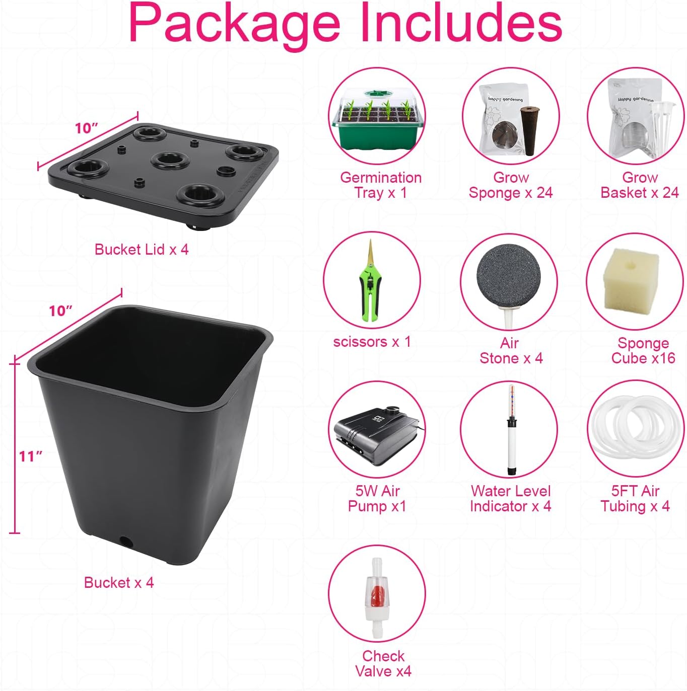 4 Hydroponic Buckets Kit for Plants, Hydroponics Growing System for Herbs/Tomato/Vegetables, DWC System with Air Pump &