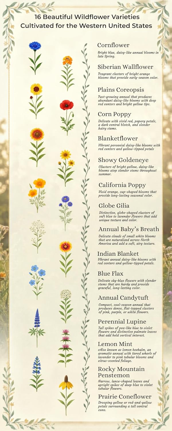 Western Wildflower Seed Mix – 16 Annual & Perennial Species, 1lb Covers Up to 3,200 Sq Ft, Pollinator-Friendly, Non-GMO