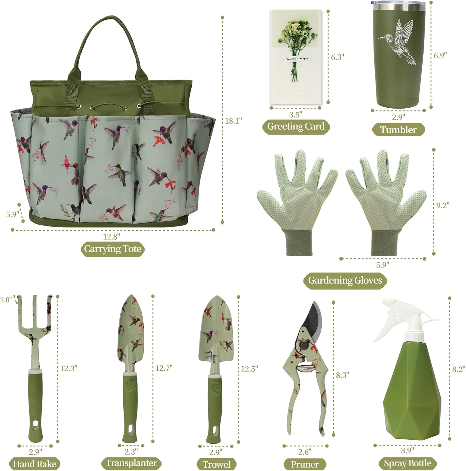Garden Tool Set with Hummingbird Print, Heavy Duty Gardening Hand Tools with Garden Tool Bag,Gardening Gifts for