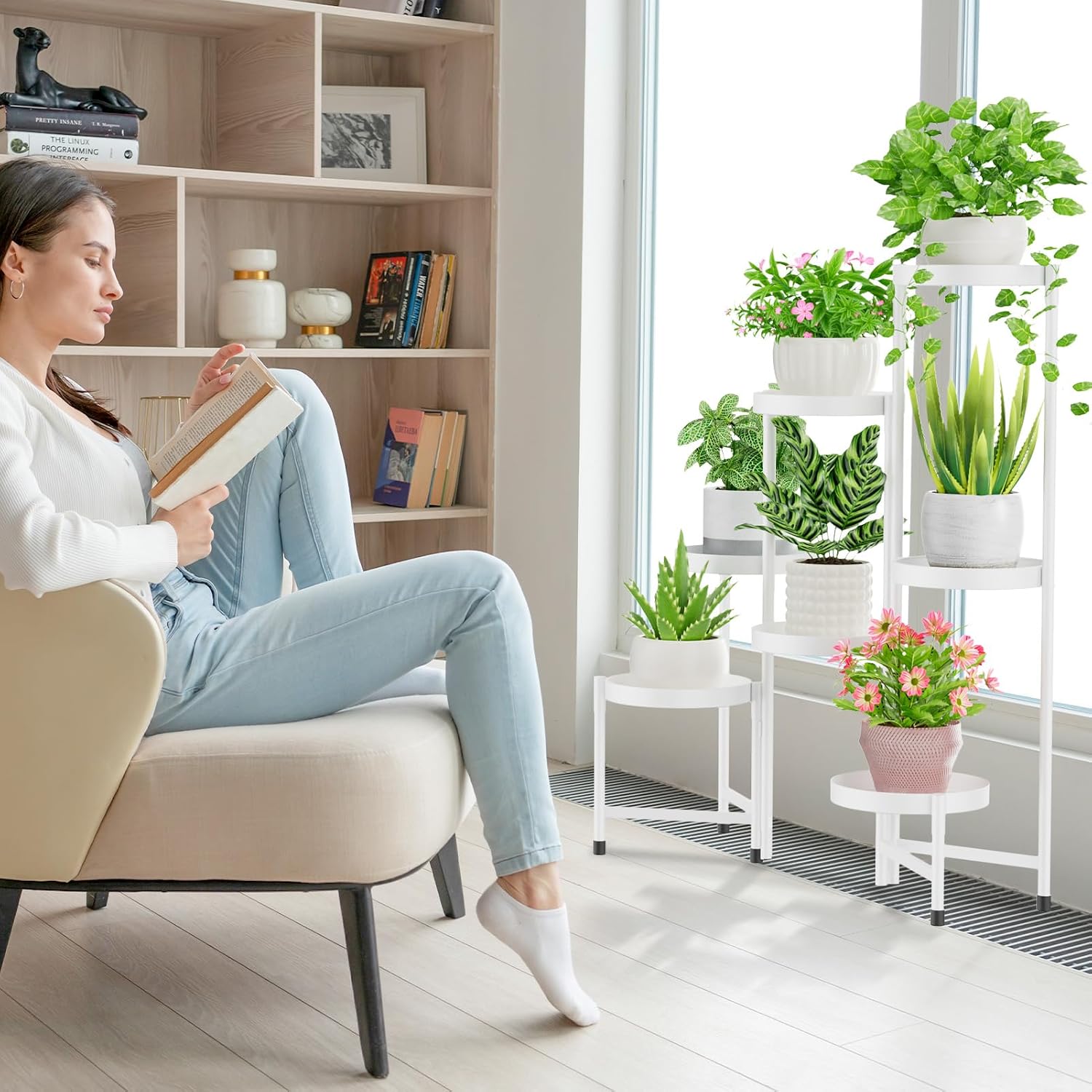 iDavosic.ly Plant Stand Indoor Outdoor, 7 Tier Metal Corner Shelf, White | Tiered Flower Display Holder, Folding Multi