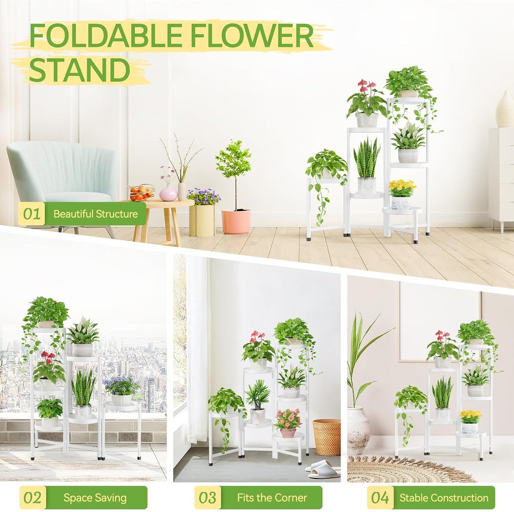 iDavosic.ly Plant Stand Indoor Outdoor, 6 Tier Metal Corner Shelf, White | Tiered Flower Display Holder, Folding Multi