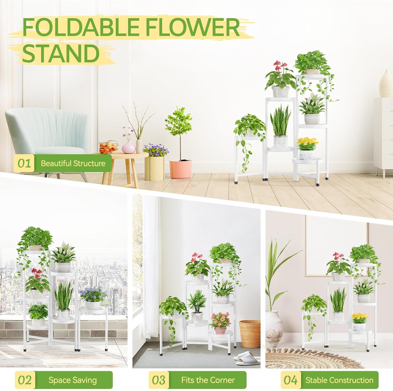 iDavosic.ly Plant Stand Indoor Outdoor, 6 Tier Metal Corner Shelf, White | Tiered Flower Display Holder, Folding Multi