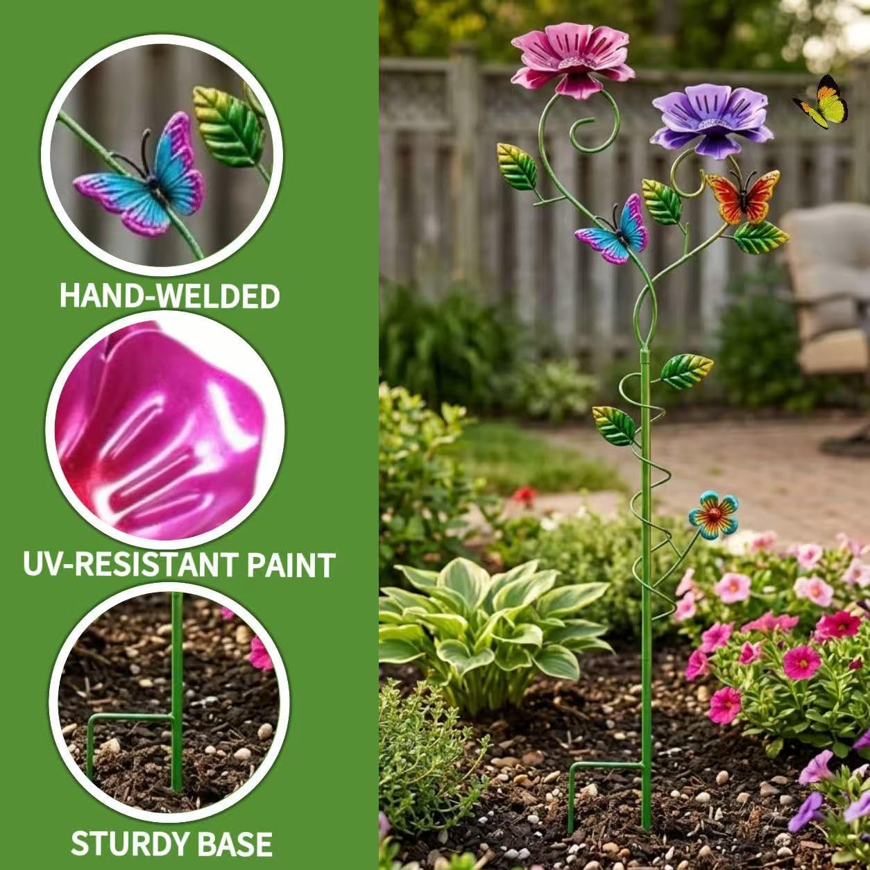Flower Garden Stakes for Outdoor Yard Patio Lawn Decor | Hand-Painted Uv-Resistant Metal, Butterfly Accents, Spiral
