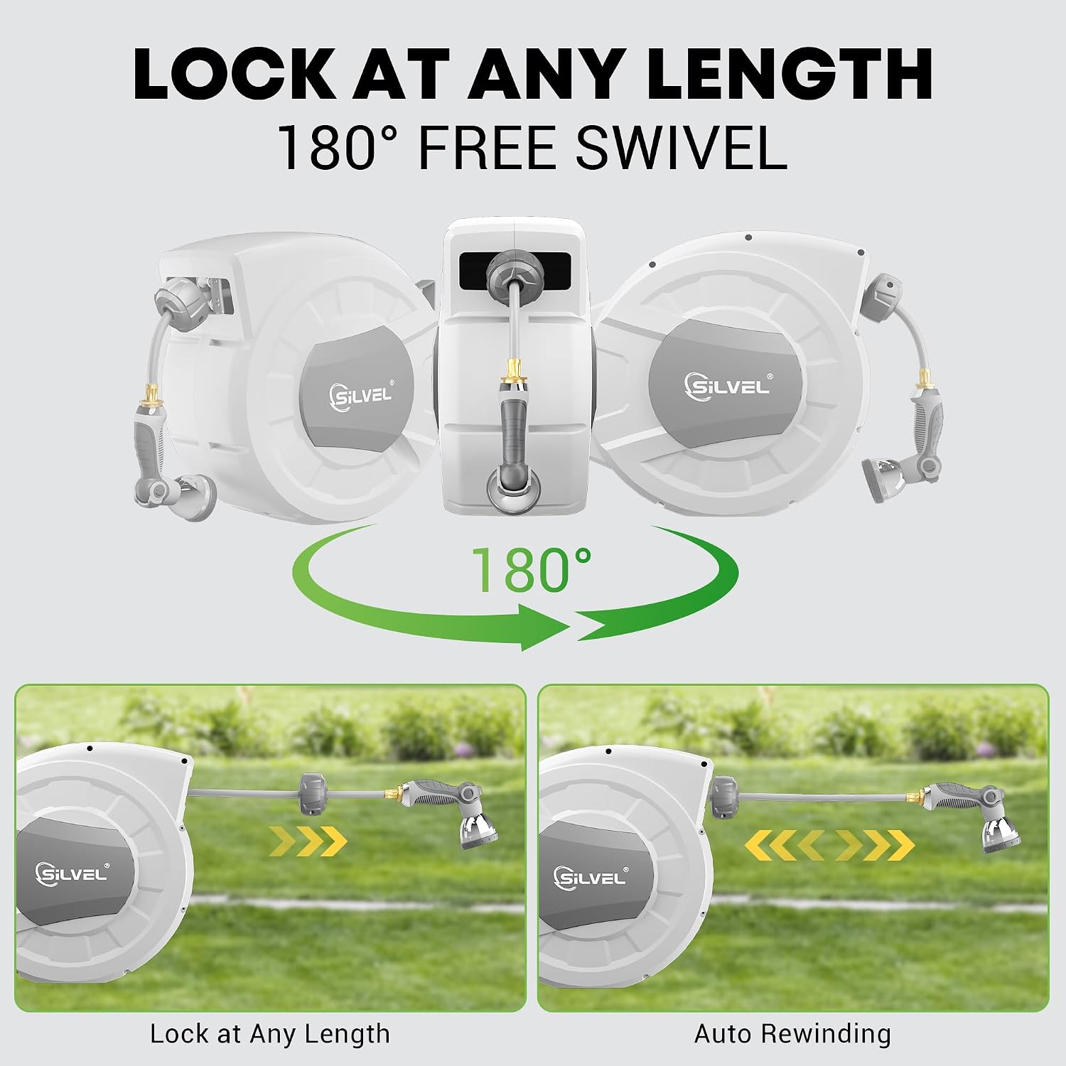 Retractable Garden Hose Reel, 1/2" x 100ft Wall Mount Heavy Duty Automatic Hose Reel with 10 Pattern Nozzle, Any Length