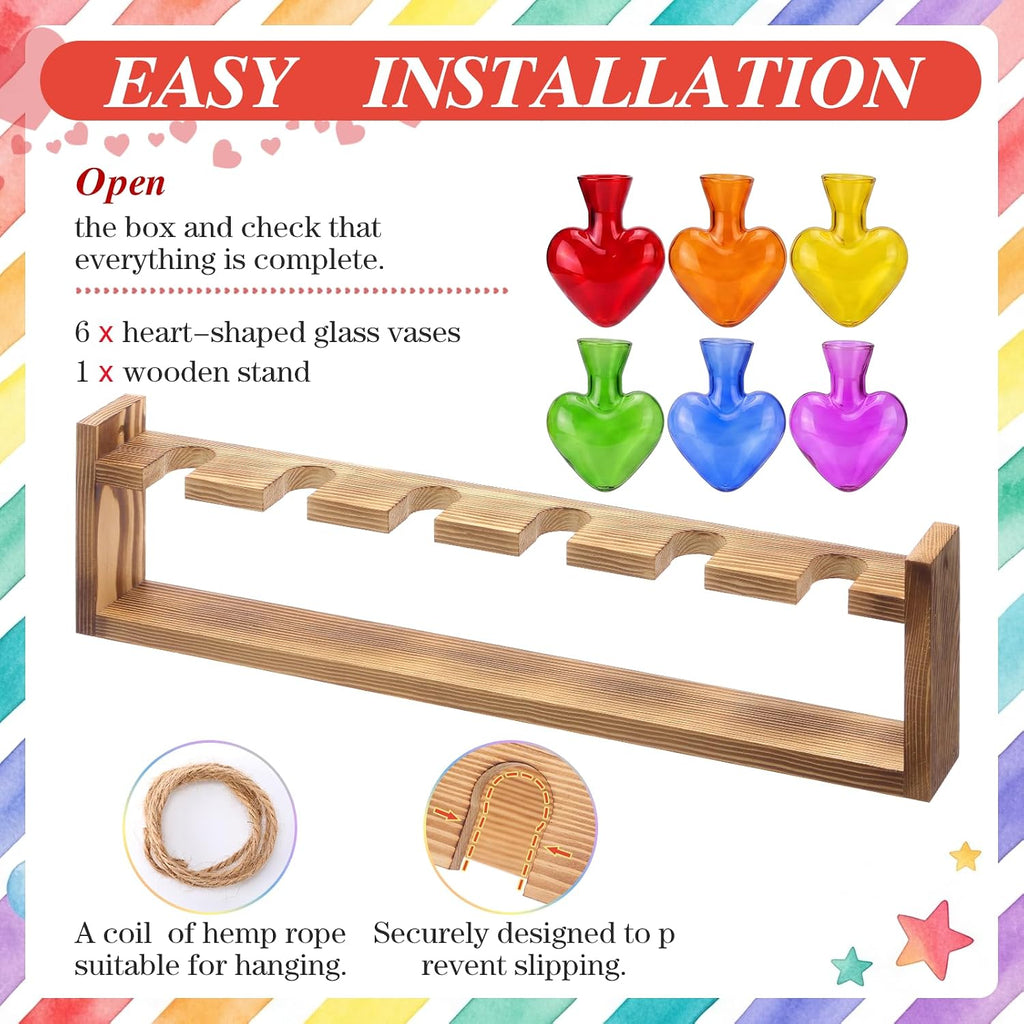 Rainbow Party Decoration Colorful Plant Terrarium with Wooden Stand 6 Heart Glass Vases Planter Propagation Station