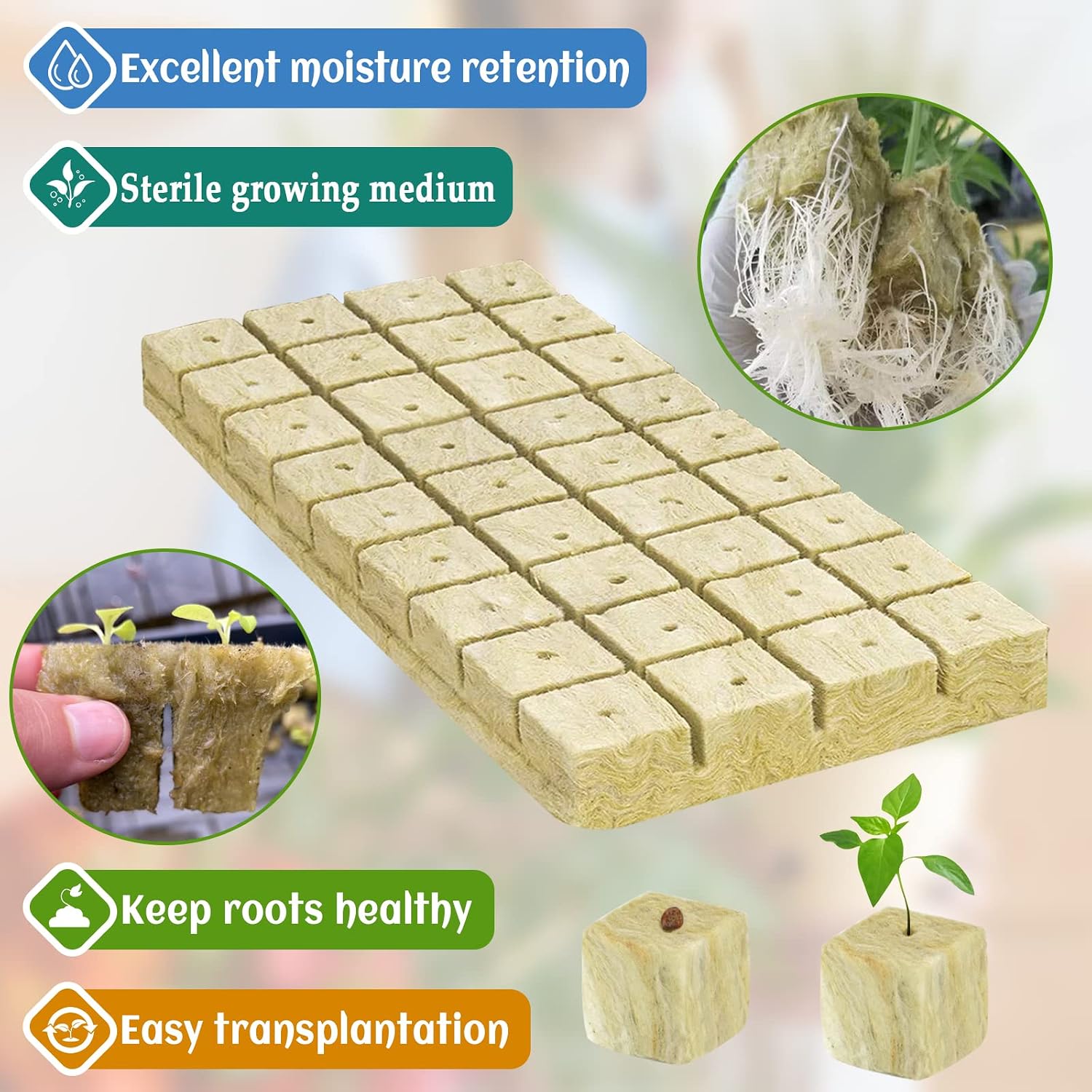 1.2 Inch Rockwool Cubes Seed Starter Plugs for Hydroponics, RockWool Planting Grow Cubes for Hydroponic Tower Garden