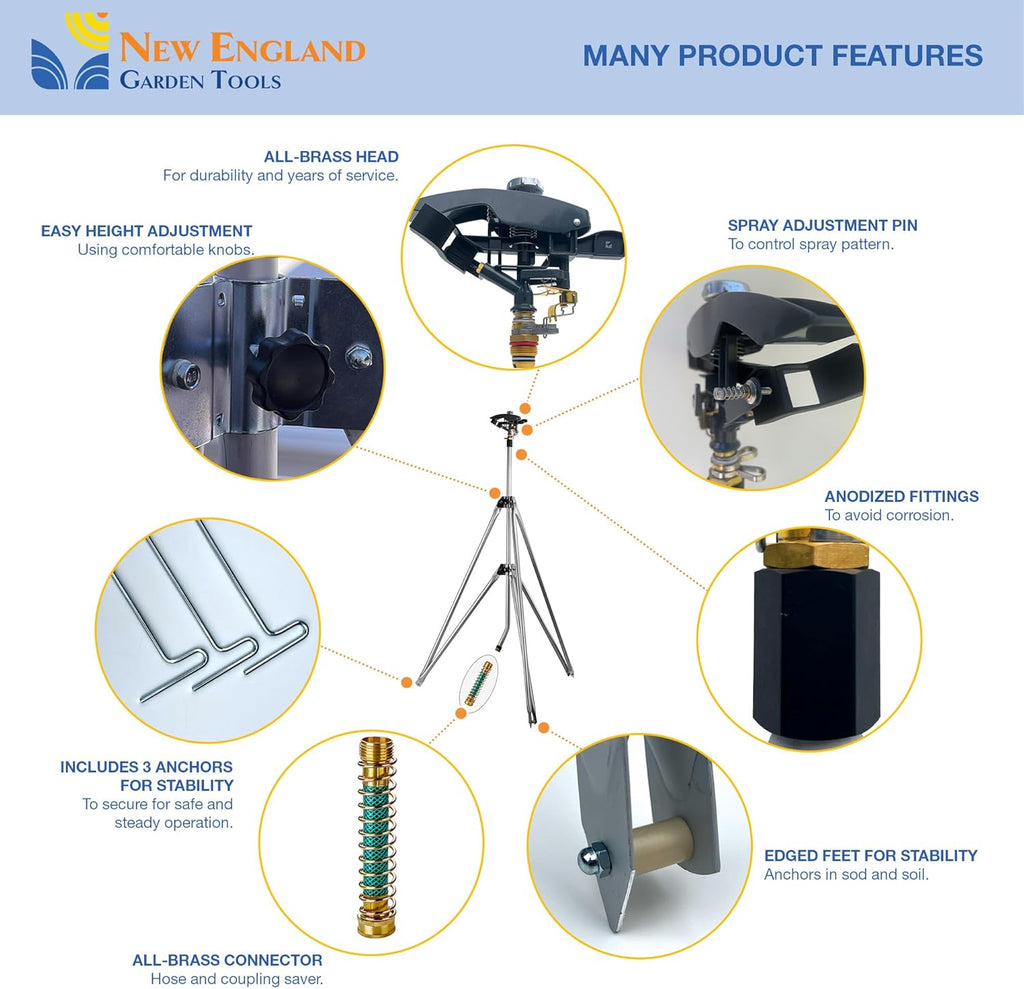 Heavy Duty Tripod Sprinkler 300003, Long Range Sprinkler with 100 FT Reach, 6 Feet Adjustable Tripod Height, 360° Range