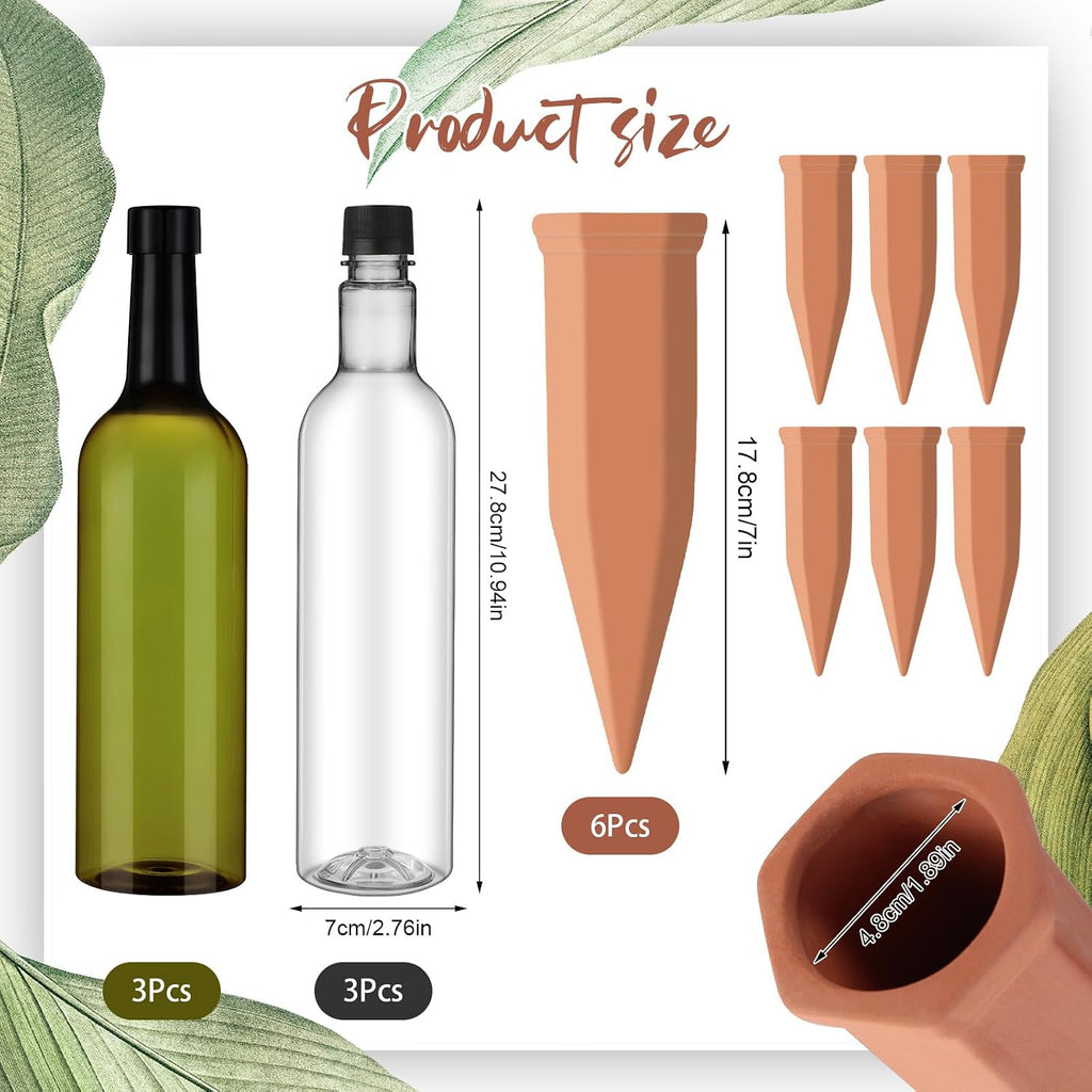 SiliFine 6 Sets Terracotta Watering Spikes,Clear Green and Terracotta | 26 oz Bottles for Slow Release Watering, Self