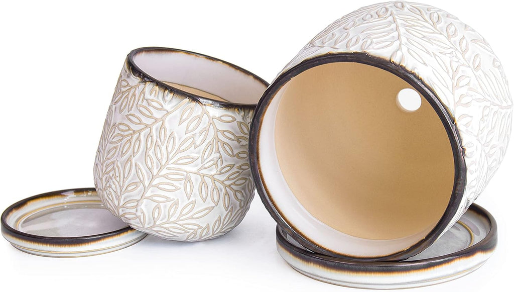 D'vine Dev 2-Pack Embossed Leaves Planter, 4/6 in, Smoked White, 27-B-U-1 | Nature-Inspired Leaf Pattern, Handcrafted