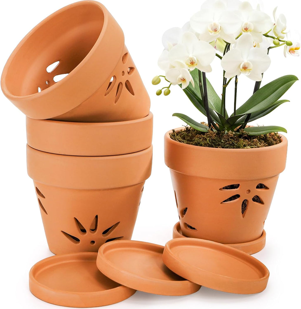 WUWEOT 4 Pack 6 Inch Orchid Pots with Holes and Saucers, Terracotta Clay Orchid Planter Pots for Repotting Garden