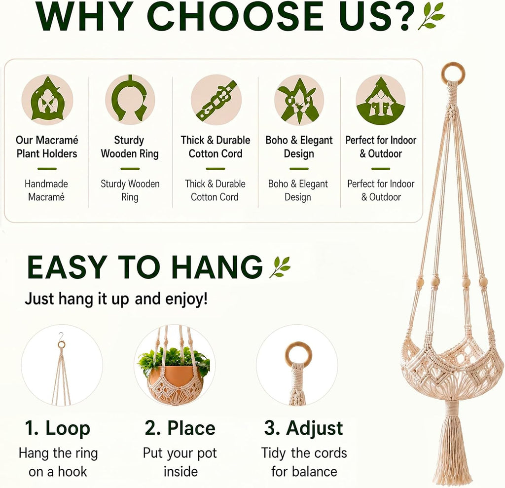 Shappy 3 Pack Boho Macrame Plant Hanger for Indoor | Large Hanging Planter Plant Holder Pot Hanger Hanging Basket Wall