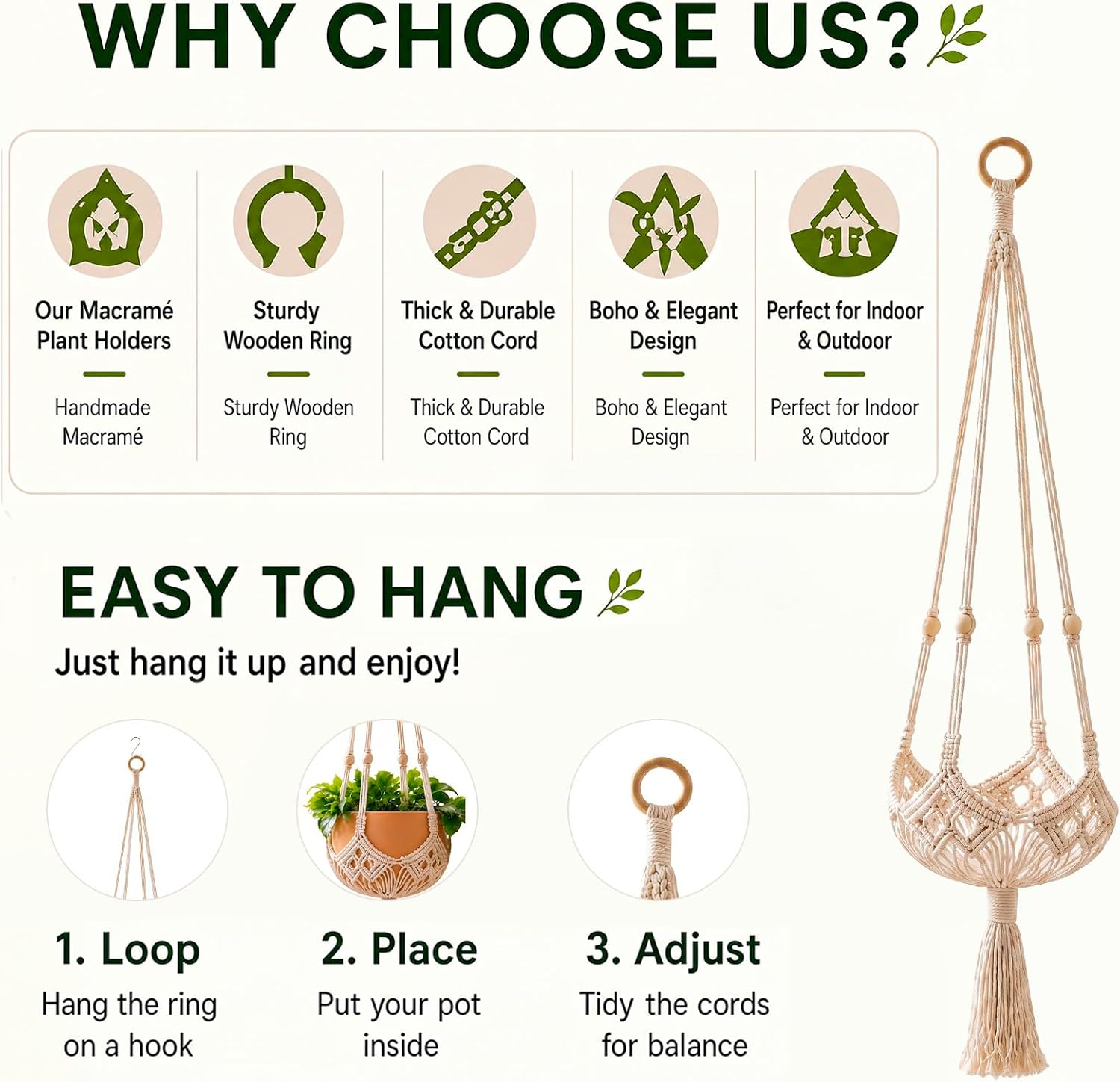 Shappy 3 Pack Boho Macrame Plant Hanger for Indoor | Large Hanging Planter Plant Holder Pot Hanger Hanging Basket Wall