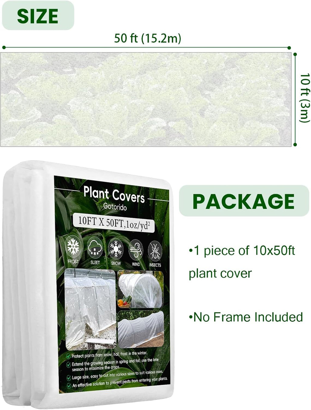 Plant Covers Freeze Protection, 10 ft x 50 ft 1.0 oz/yd² Reusable Frost Protection Floating Row Cover, Frost Blankets