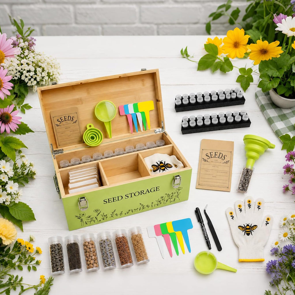 Fayoo Wooden Seed Storage Organizer Box with 40 Seed Vials & 20 Envelopes, Rustic Seed Saving Kit for Vegetable, Flower