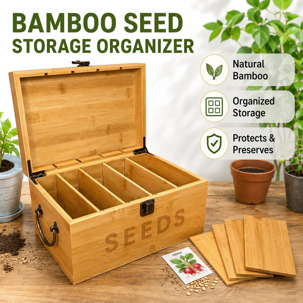 Bamboo Garden Seed Storage Organizer Box, Wooden Seed Box with Removable Dividers, Metal Handle and Latch, Seed Keeper