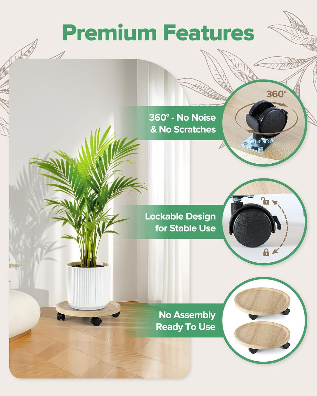 2 Pack Plant Caddy With Wheels, 14" Wood Rolling Plant Stand with 360° Lockable Wheels, Plant Stands Outdoor for Large
