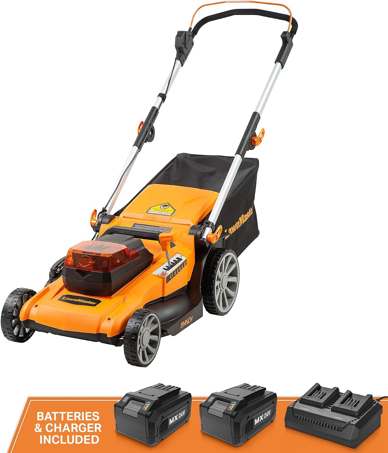 LawnMaster 48V MAX Electric Lawn Mower, 19-inch Brushless Cordless Lawn Mower with 2X24V MAX 4.0Ah Battery and a Dual