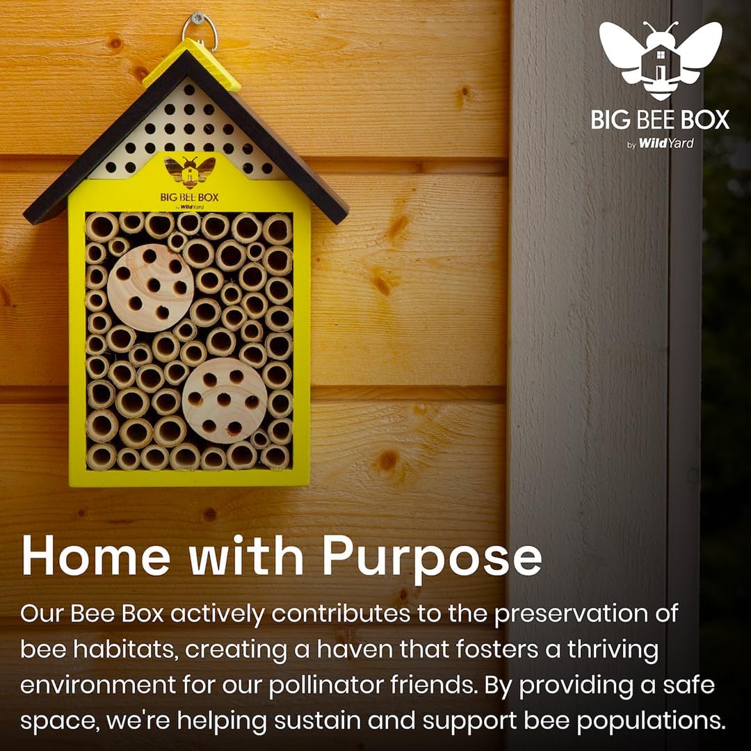 Bee House for Garden - Yellow with Nesting Tubes, Easy Mount | Wooden pollinator hotel with removable nesting tubes