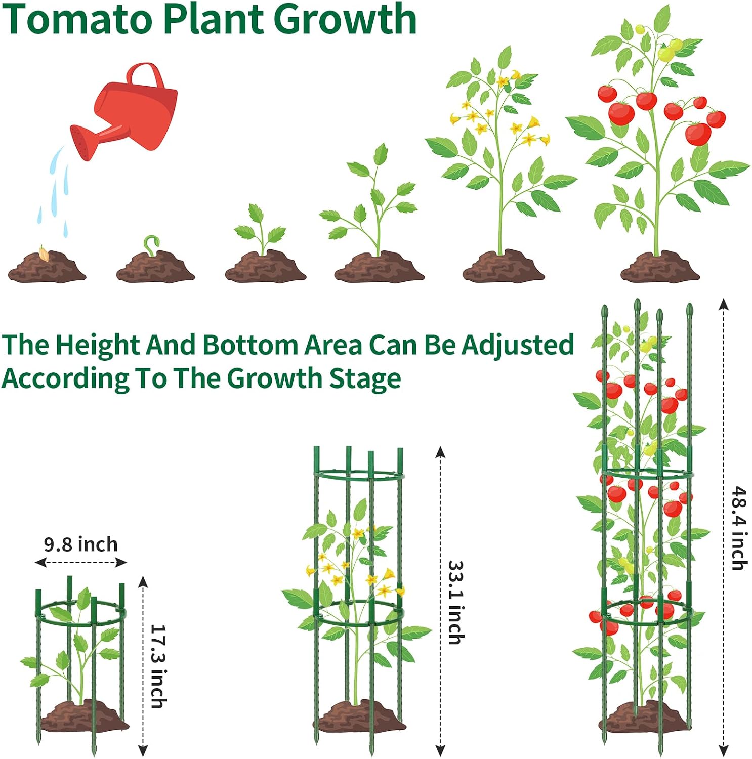 ROADPLUM 3 Pack 48" Round Tomato Cages for Garden, Plastic Coated Steel Pipe Heavy Duty Adjustable Tomato Stakes