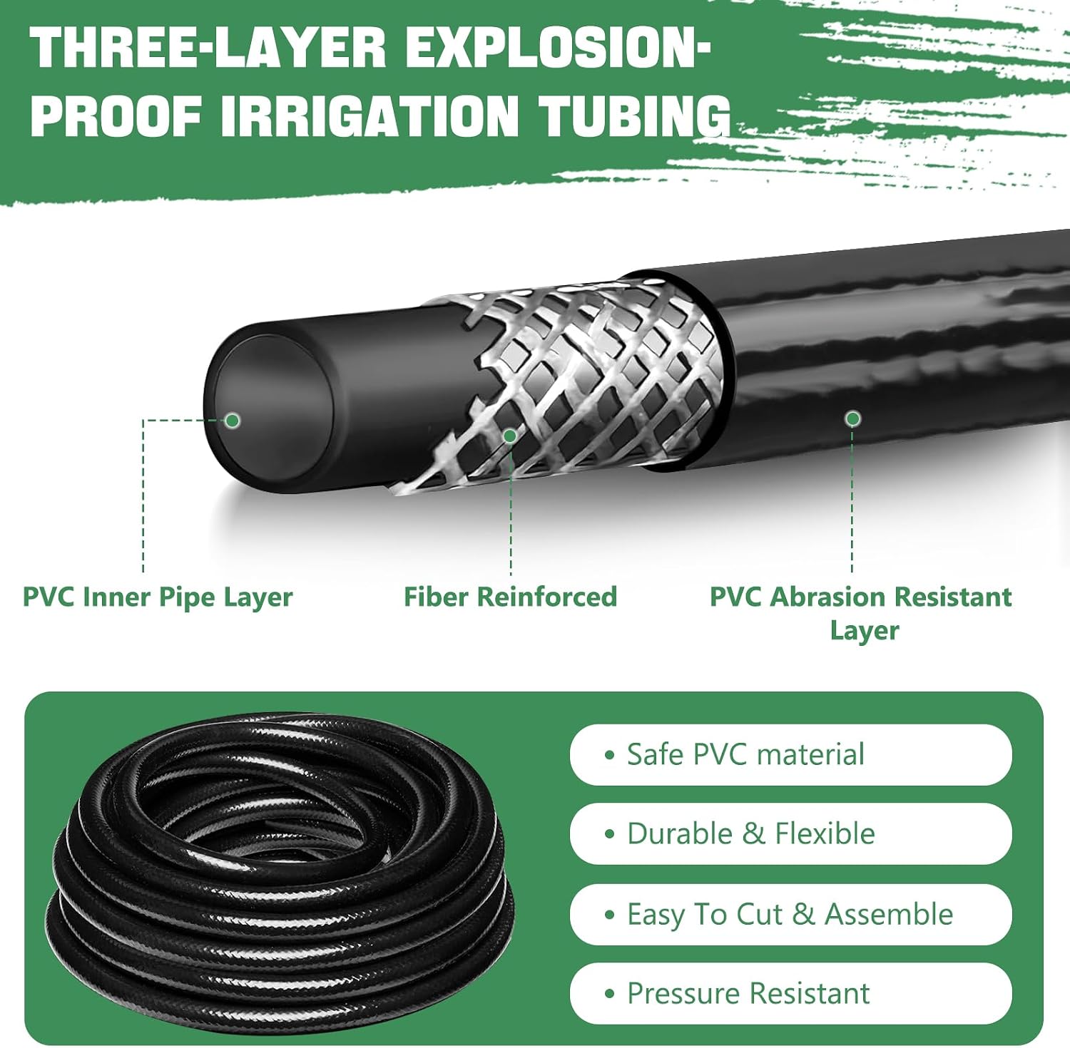 1/2 Inch Drip Irrigation Tubing 75FT Flexible Garden Water Hose Supply | Black Outdoor Hose with 2 Six-Way Connectors &