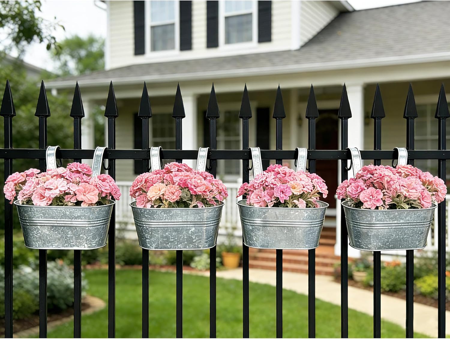 8 Pack 10" Galvanized Hanging Railing Planters with Hooks and Drainage | Rustproof, Detachable hooks, Drainage hole