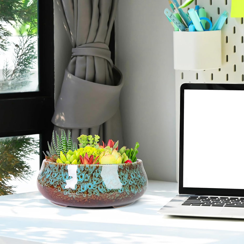 ARTKETTY Succulent Pots, 8 Inch Plant Pots Large Bonsai Pots with Drainage | Ceramic Shallow Planters for Indoor