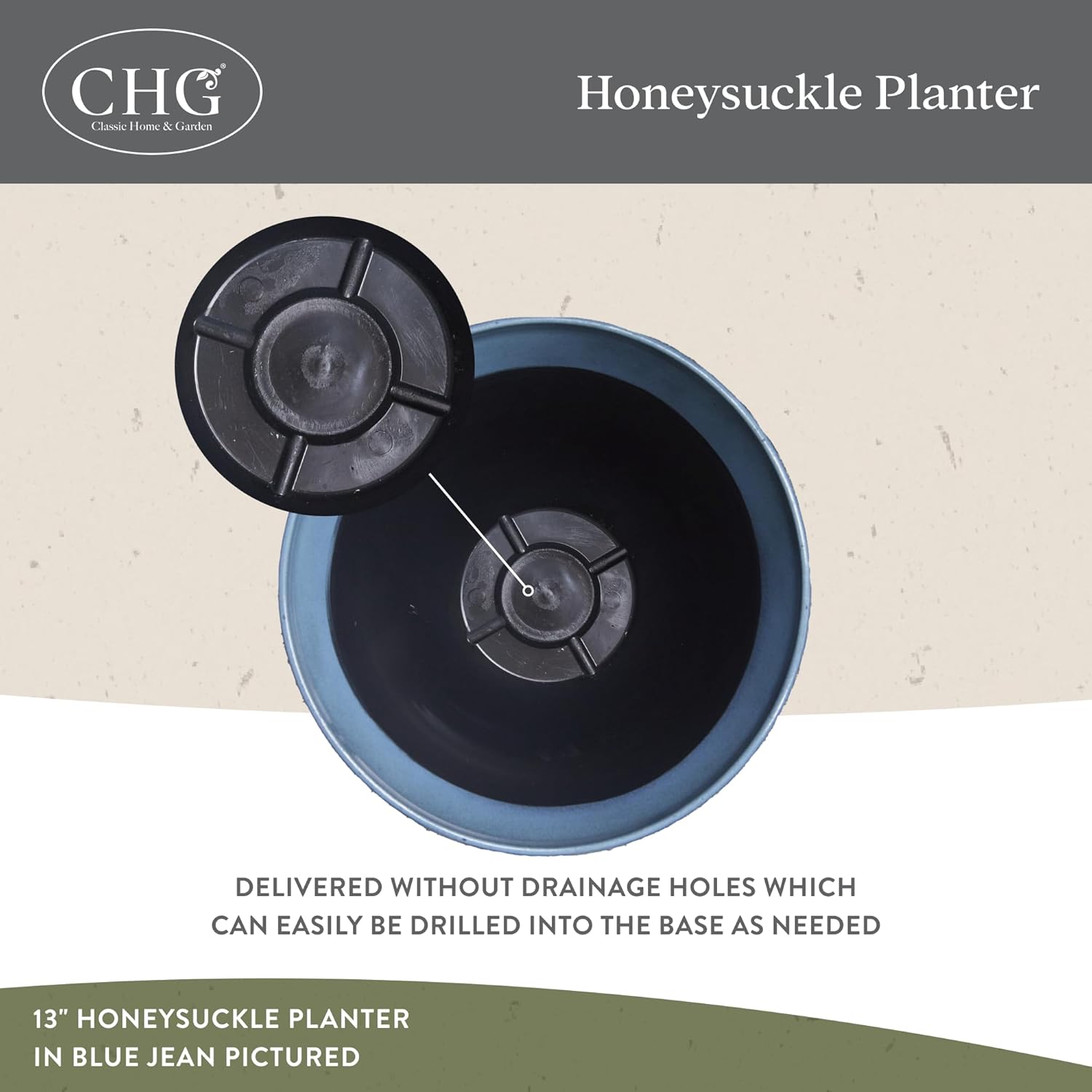 Honeysuckle Resin Planter, Durable Garden Pot, 13" Ocean Blue | Hand-Painted Finish Plant Pots, Lightweight Indoor