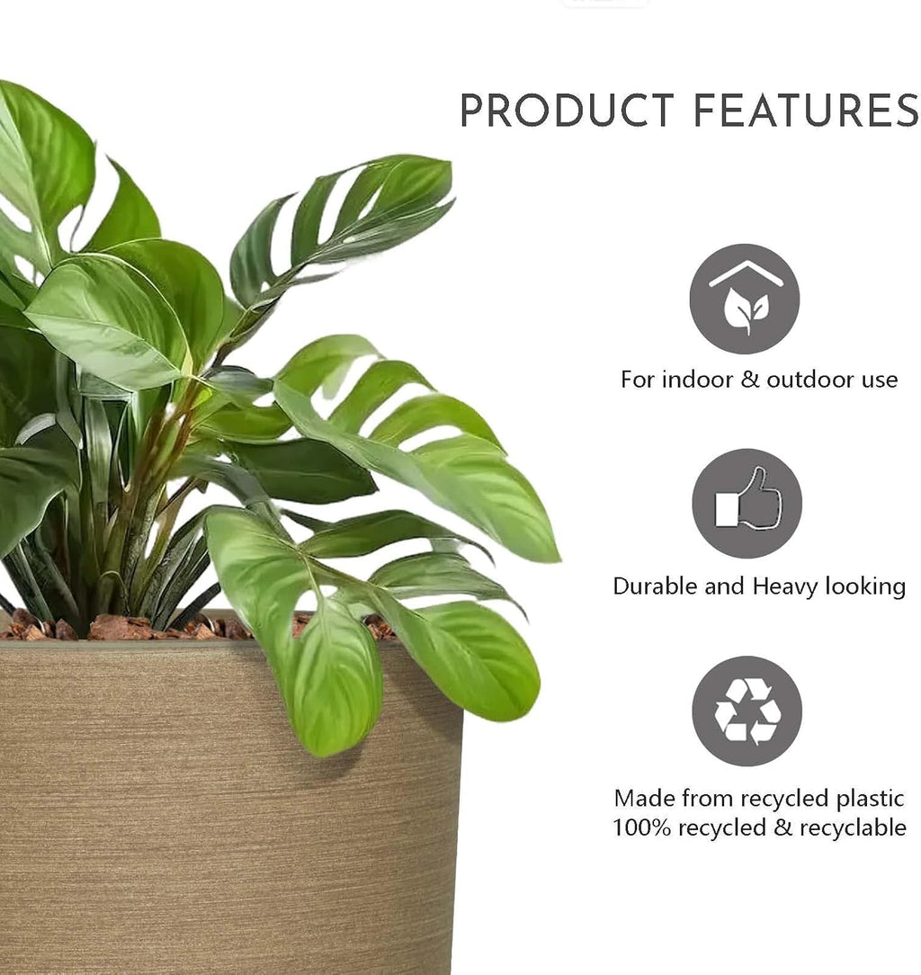 11" H Plant Pot, Resin Wood Texture with Drain Hole + Removable Stopper | UV-Resistant, Weatherproof, for Indoor