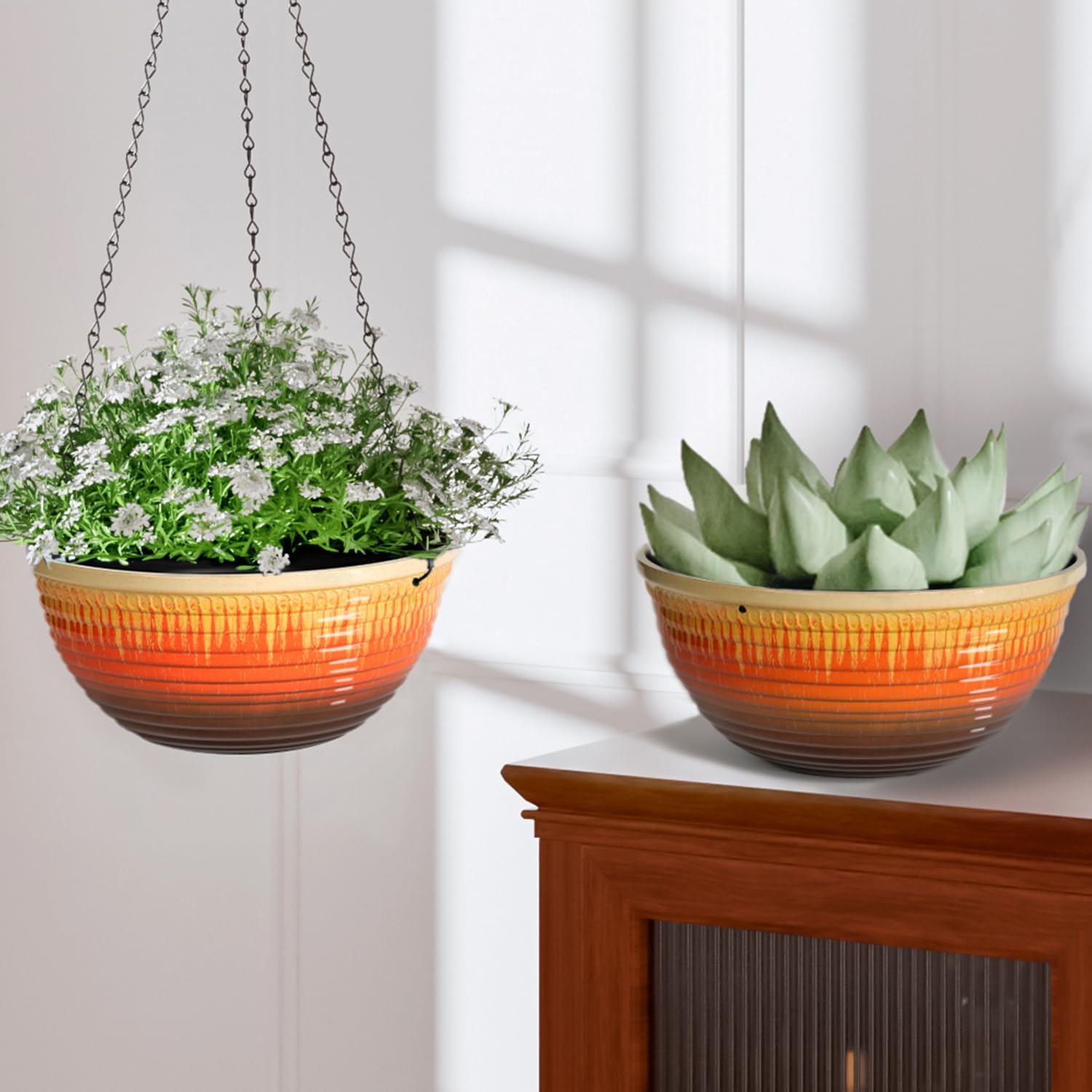 10 Inch Glazed Hanging Planters 2 Pack, Hanging Baskets with Drainage Hole | Ceramic Look, Hanging Flower Pots for