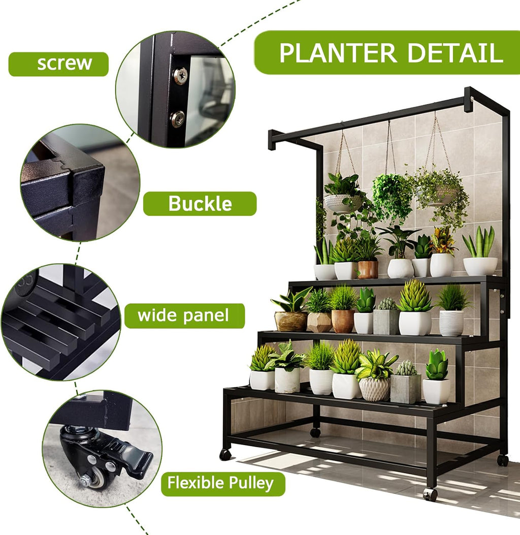 4 Tier with Hanging Tall Plant pot shelf, with Rollers (BLACK, 39IN) | L39*W24.4*H67in Large Metal Plant Stand, Heavy
