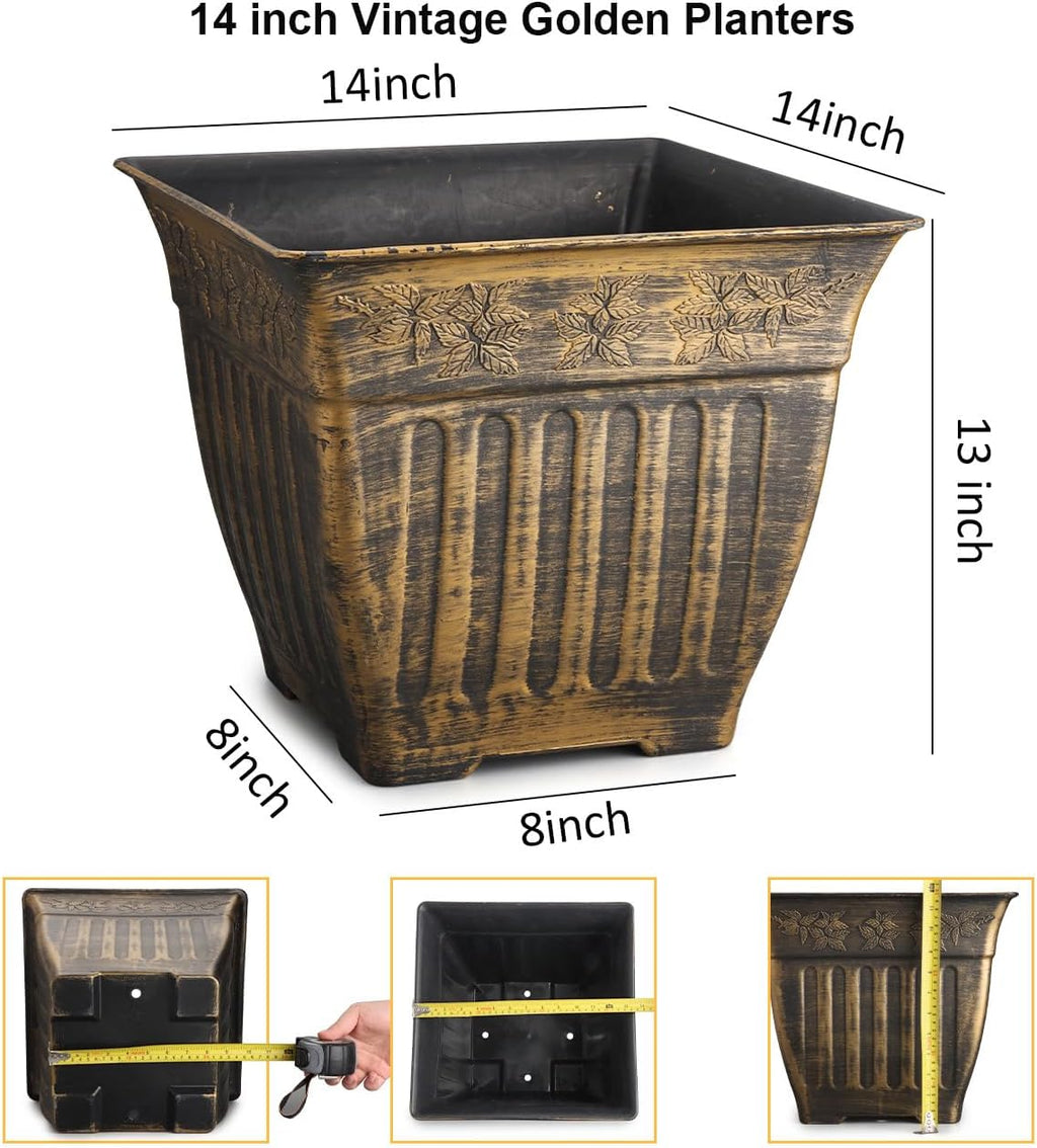 4-Pack 14 Inch Large Square Planters, Embossed Leaf Pattern, Antique Gold | Durable Plastic Plant Pots with Drainage &