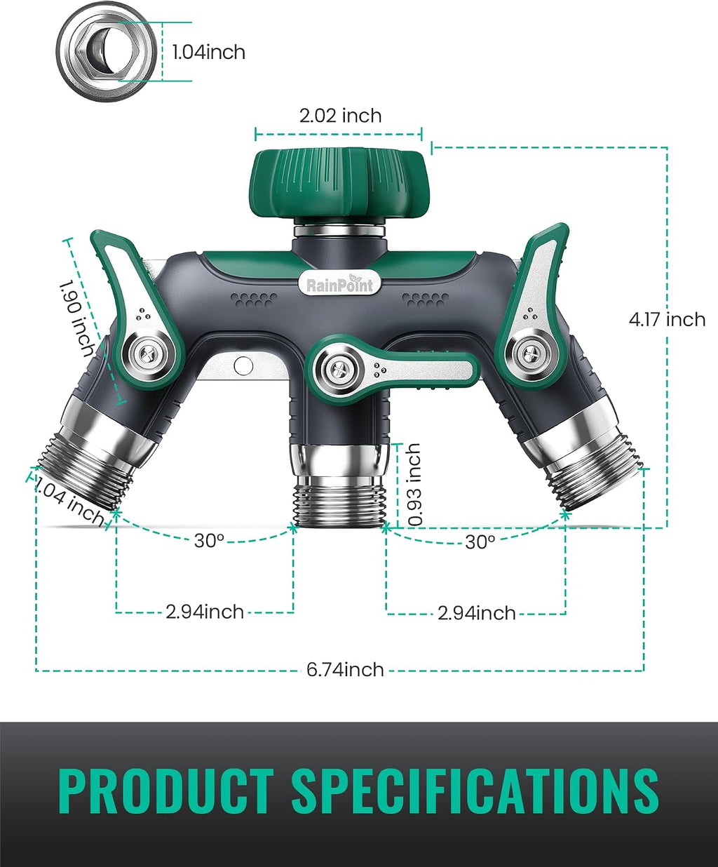 RAINPOINT 3 Way Hose Splitter, 100% Metal Heavy Duty Garden Hose Splitter With 1.9" Extra Long Handle & Individual Shut
