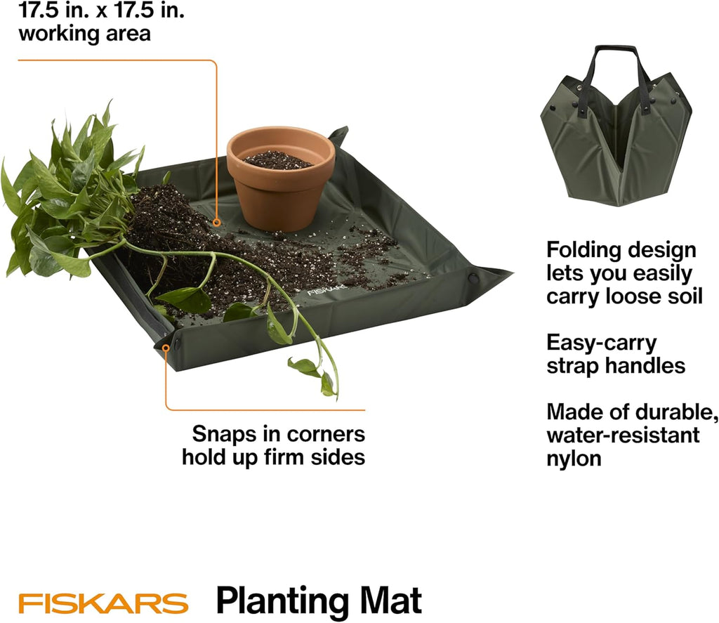 Fiskars 17.5" x 17.5" Foldable Planting Mat for Indoor Gardening | Repotting Mat and Potting Tray with Snap-Up Sides
