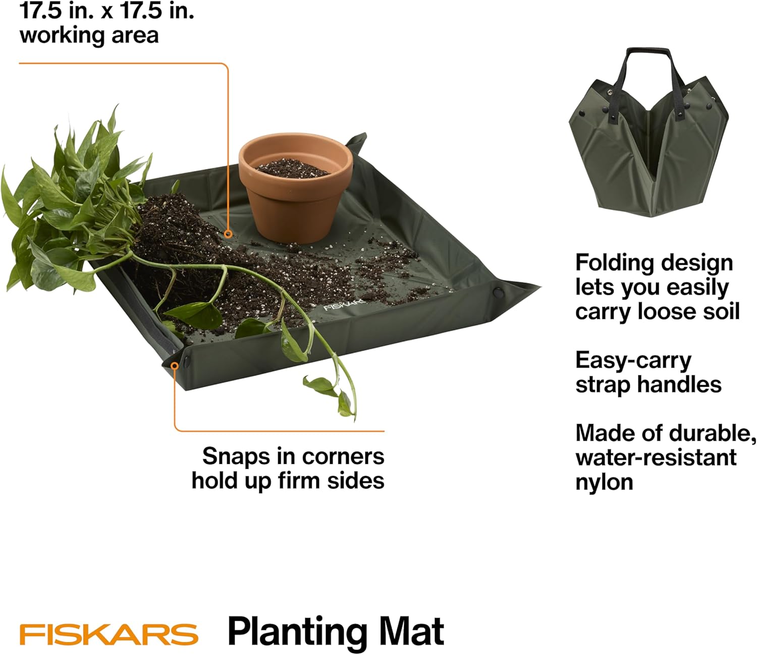 Fiskars 17.5" x 17.5" Foldable Planting Mat for Indoor Gardening | Repotting Mat and Potting Tray with Snap-Up Sides