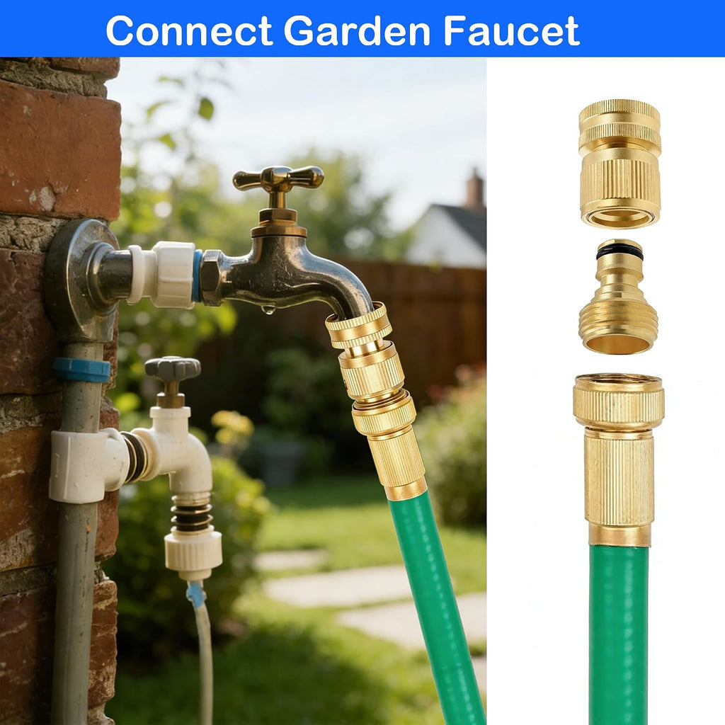 Hourleey Garden Hose Quick Connector, Solid Brass 3/4 Inch GHT Thread Garden Quick Connect Kit, Male and Female No-Leak