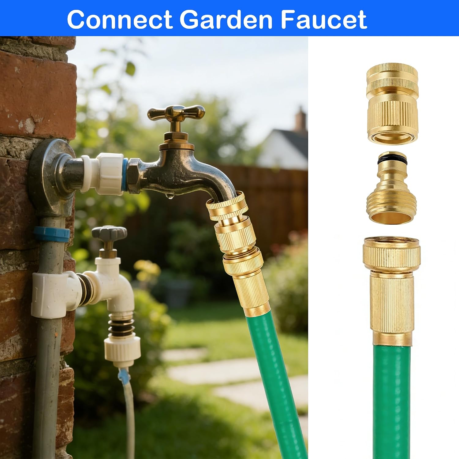 Hourleey Garden Hose Quick Connector, Solid Brass 3/4 Inch GHT Thread Garden Quick Connect Kit, Male and Female No-Leak