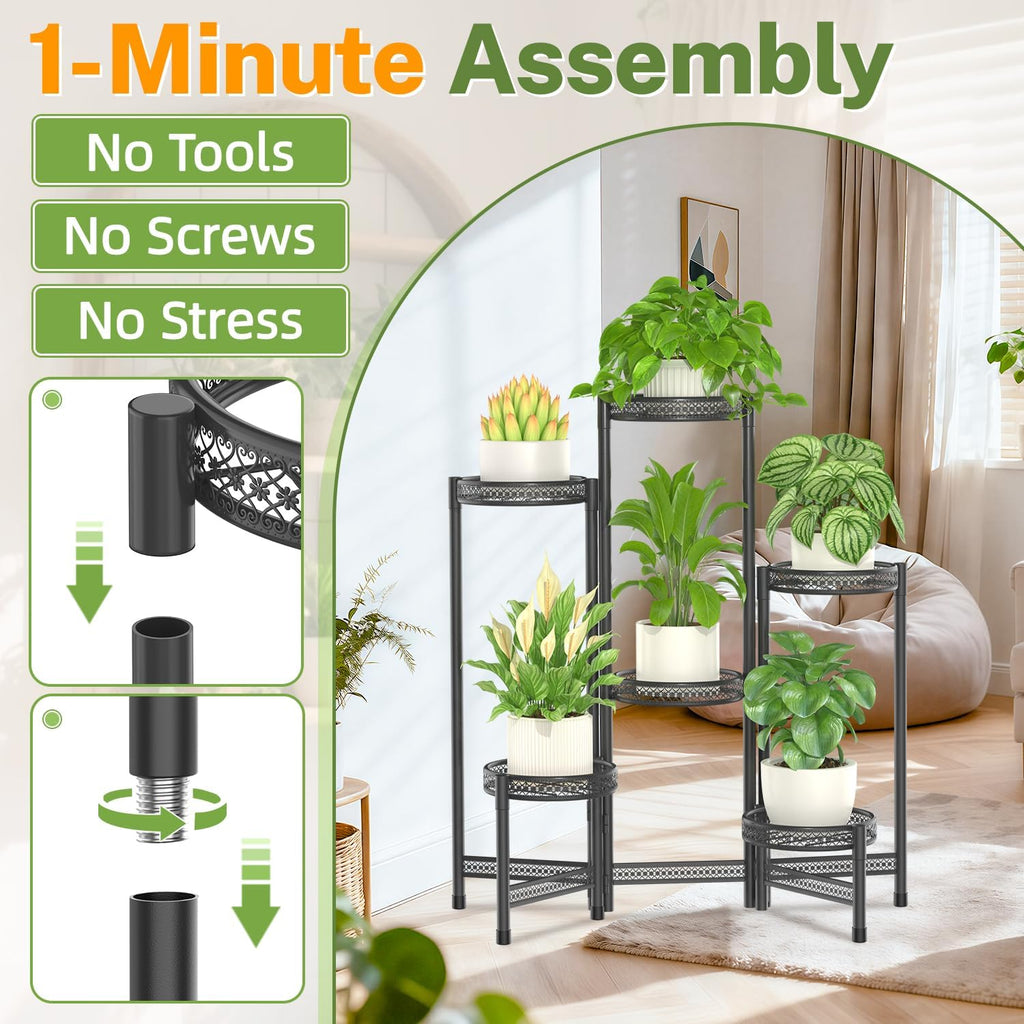 iDavosic.ly Plant Stand Indoor Outdoor, 6 Tier Iron Corner Shelf, Black | Tiered Tall Flower Display Holder, Folding