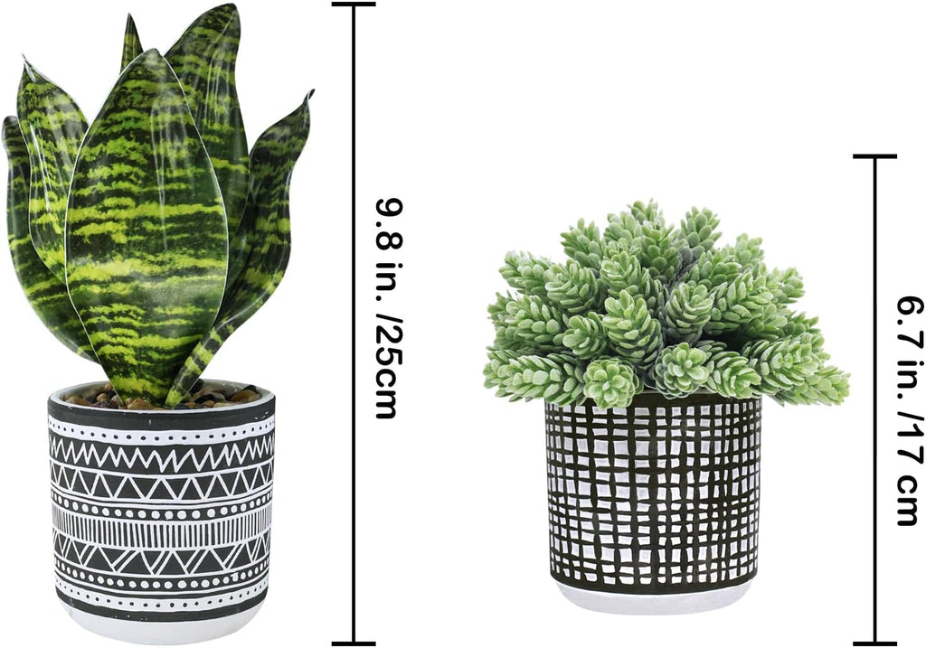 Winlyn 3 Pcs Small Potted Plants Artificial Succulents Hanging Plants and Faux Tropical Snake Plant in Black Geometric