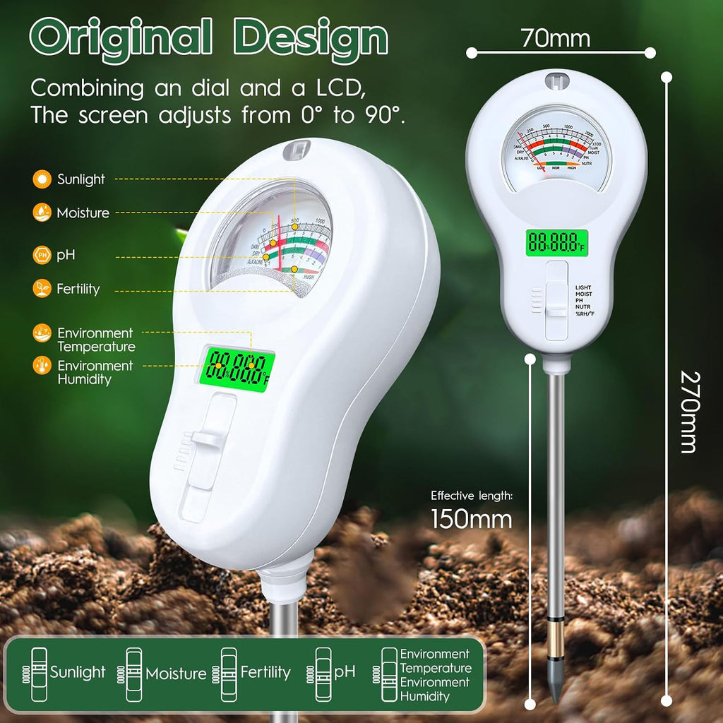 6-in-one Soil Test Kit-Soil Moisture Meter/PH Meter/Fertility/Sunlight Intensity Soil Tester, LCD Air