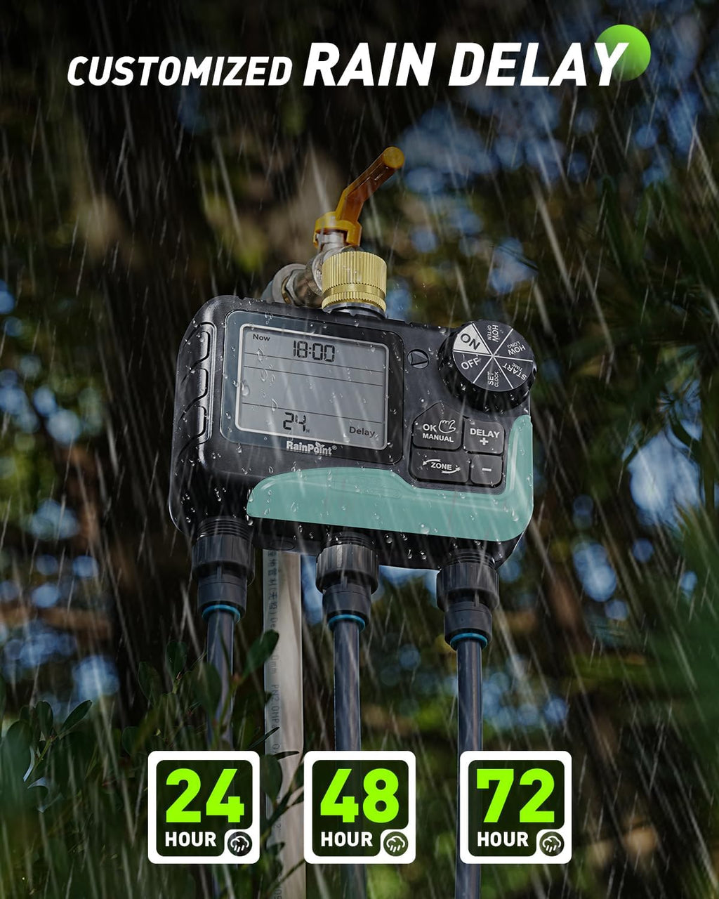 RAINPOINT 3 Zone Sprinkler Timer with Brass Inlet, Water Timer for Garden Hose,Rain Delay/Manual/Automatic Watering