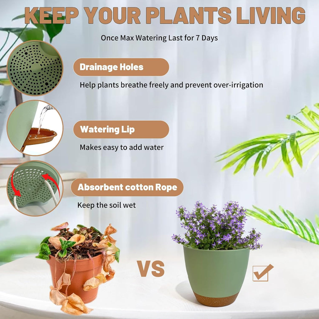 LIFFY Plant Pots, 8,7.5,7,6.5,6,5.5,5 Inch Plastic Self Watering Planters with Drainage Holes & Saucers, 7-Pack Green
