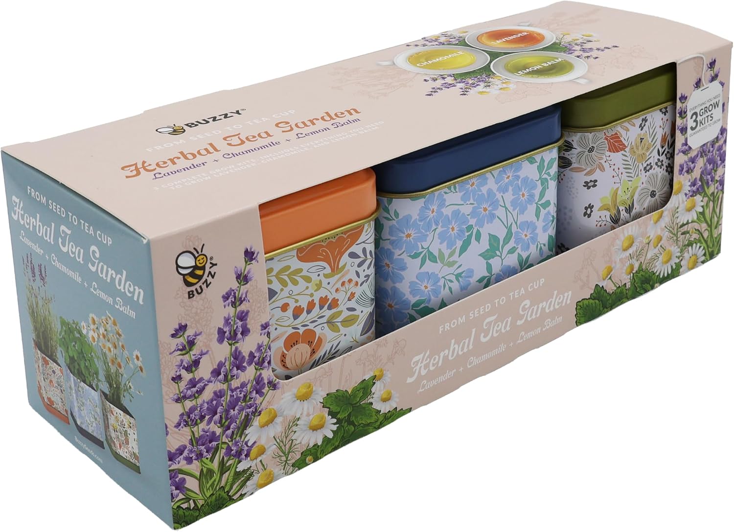 Buzzy Seeds Herbal Tea Garden Grow Kit 3-Pack - Metal Windowsill Planter - Complete Indoor/Outdoor Gardening Kit with