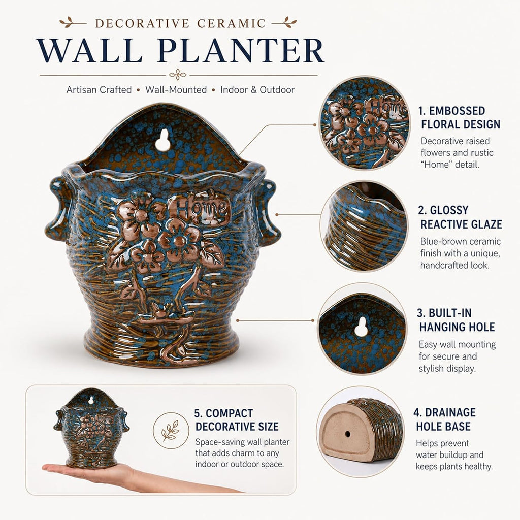 Ceramic Wall Planter for Indoor and Outdoor Plants, Decorative Ceramic Hanging Planter with Drainage Hole, Wall Hanging