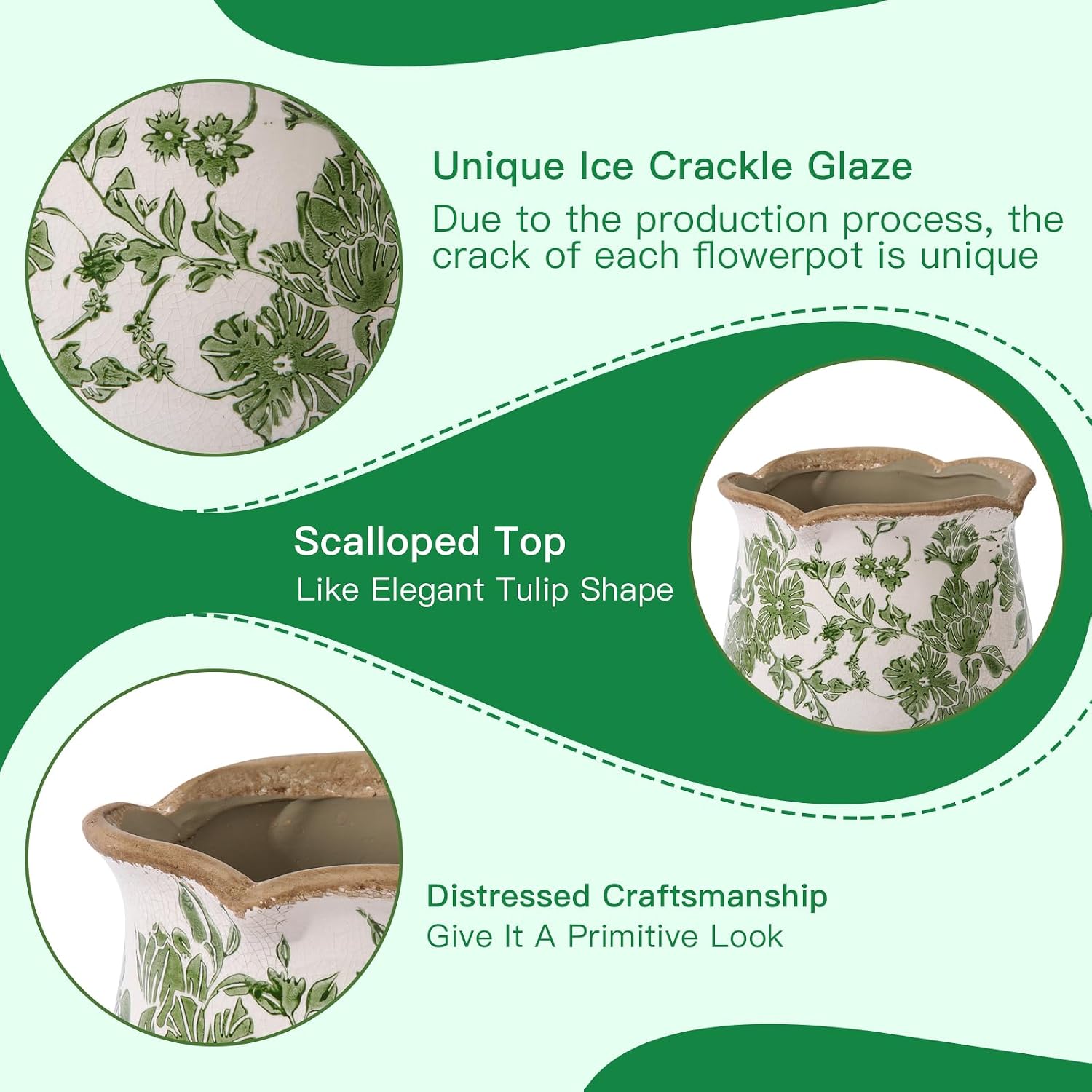 Ceramic-Planters-for-Indoor-Plants with Saucer, 6 inch Vintage Ice Crack Glaze Plant Pots with Drainage Holes