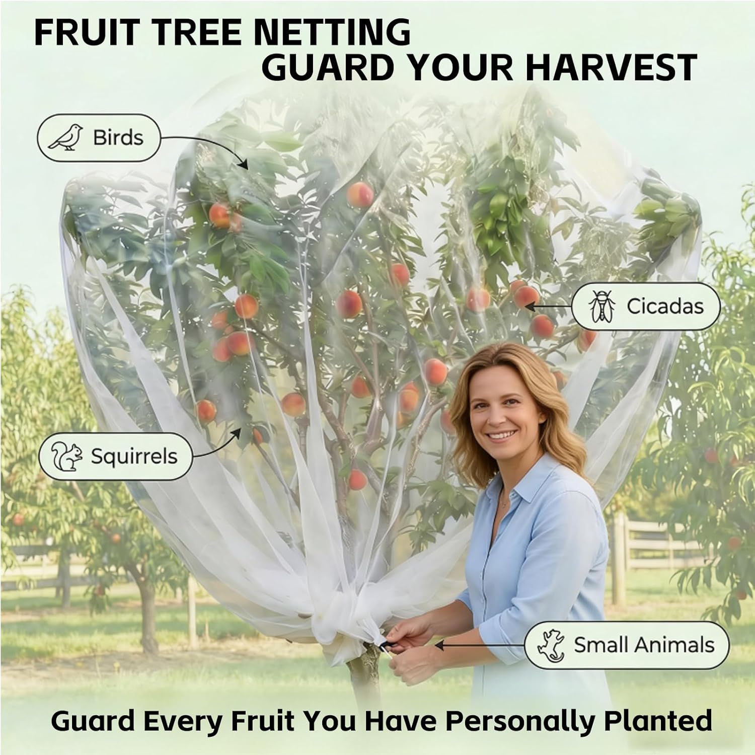 13x13Ft Large Fruit Tree Netting Cover Zipper Drawstring Garden Pest Mesh | UV-resistant polyethylene mesh, blocks