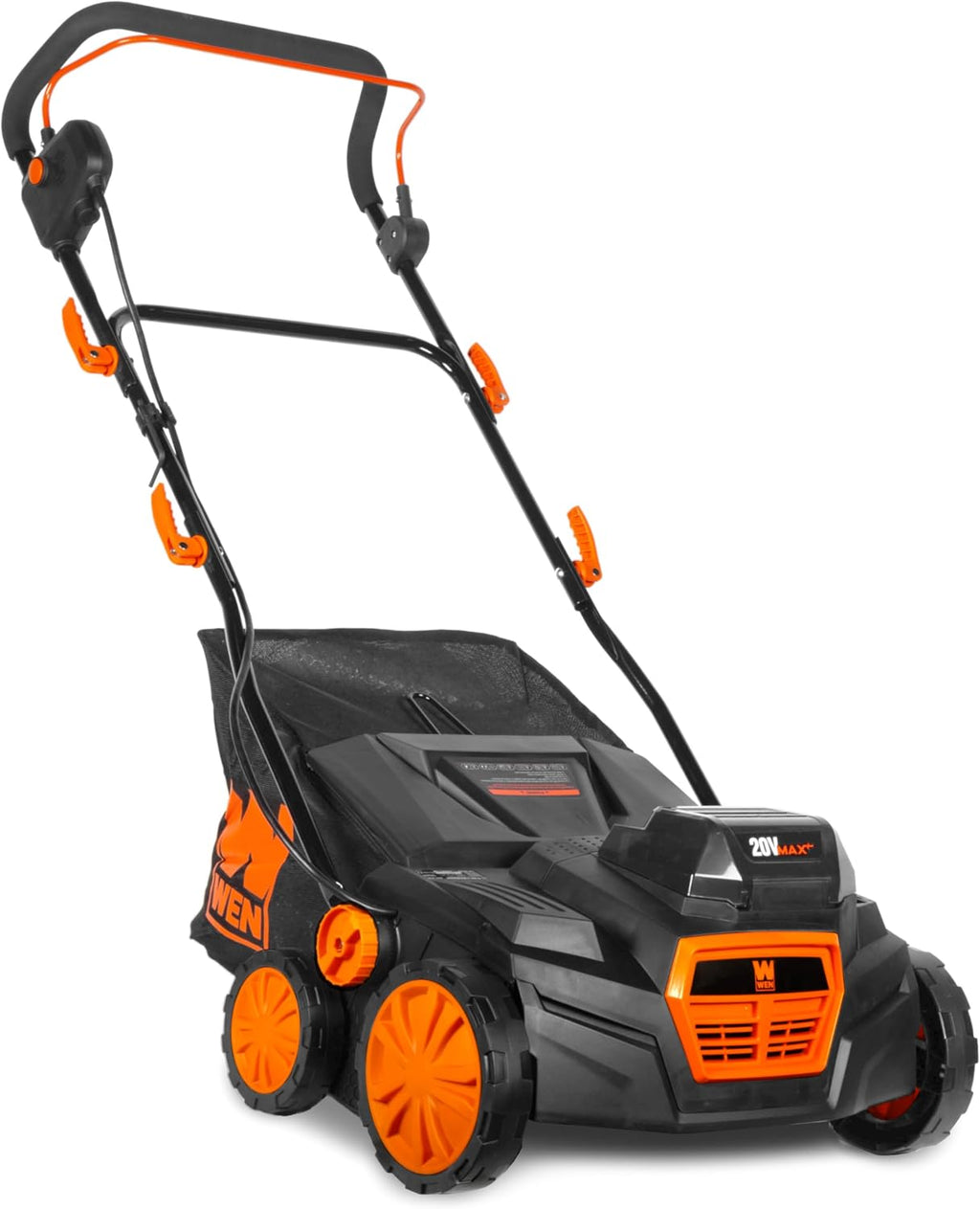 WEN 20V Max Cordless 15-Inch 2-in-1 Brushless Electric Dethatcher and Scarifier with Collection Bag, Two 4.0 Ah