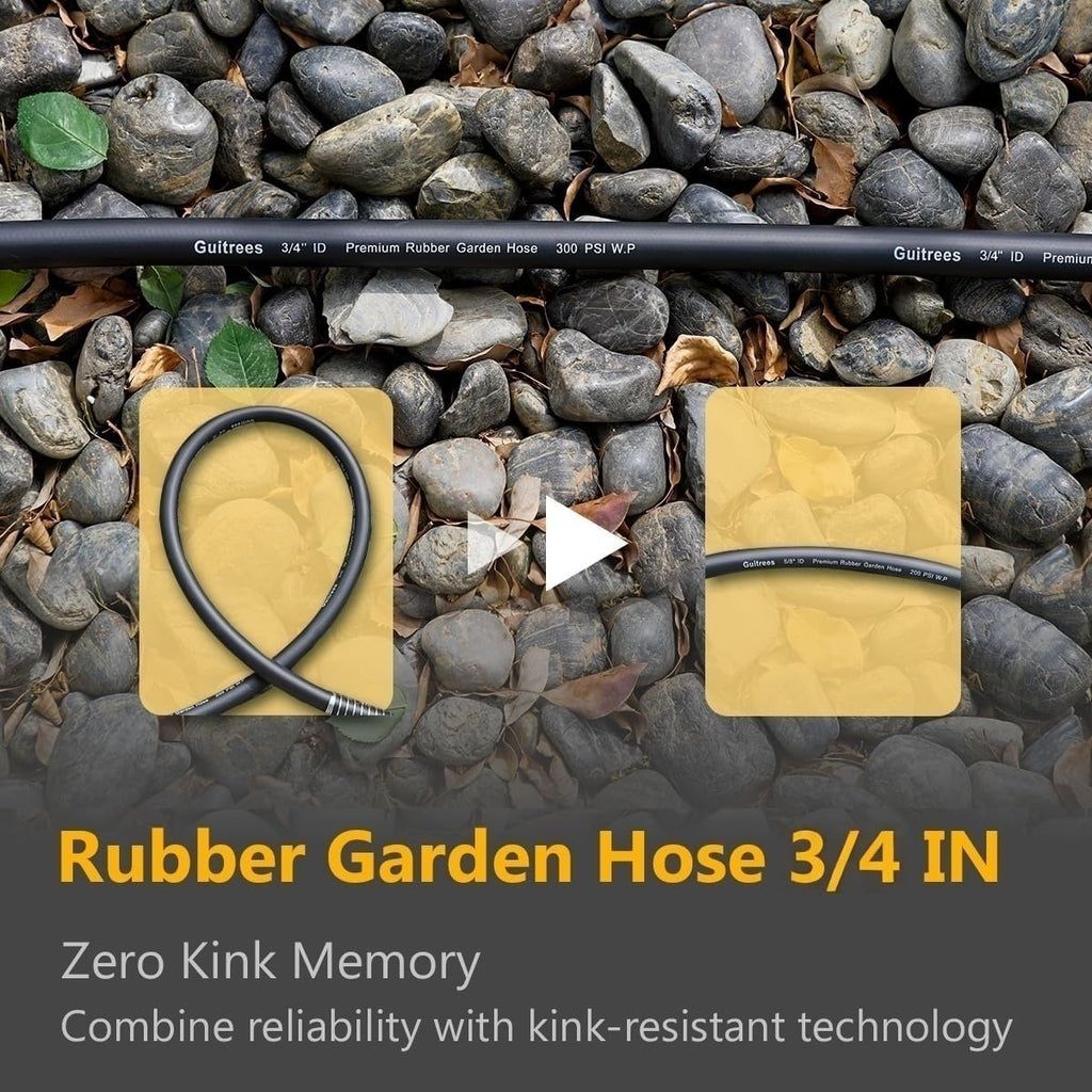 Guitrees 50FT 3/4 Heavy Duty Rubber Garden Hose - 300psi Working, 1000psi Burst - Hot/Cold Water - Five-Layered