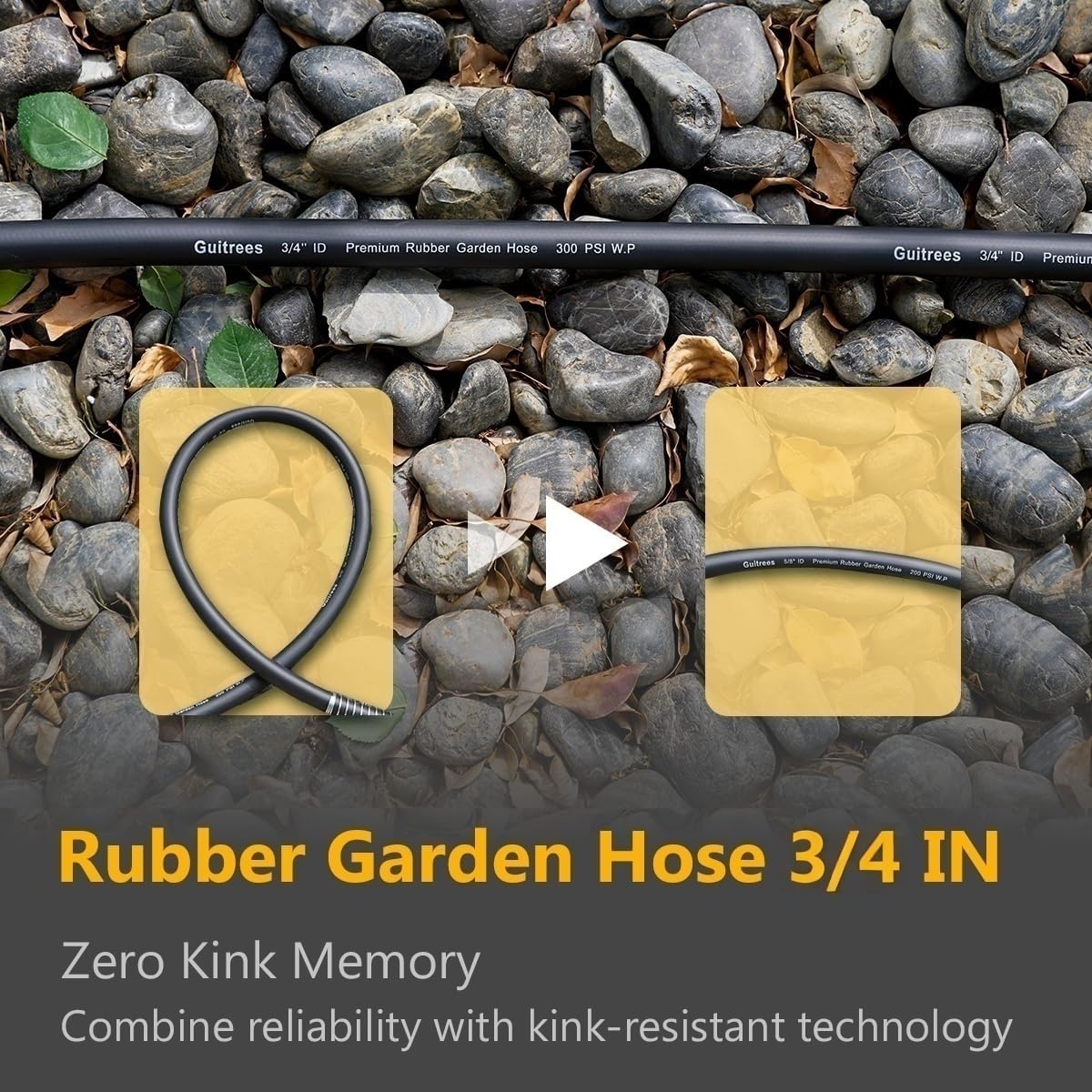 Guitrees 50FT 3/4 Heavy Duty Rubber Garden Hose - 300psi Working, 1000psi Burst - Hot/Cold Water - Five-Layered